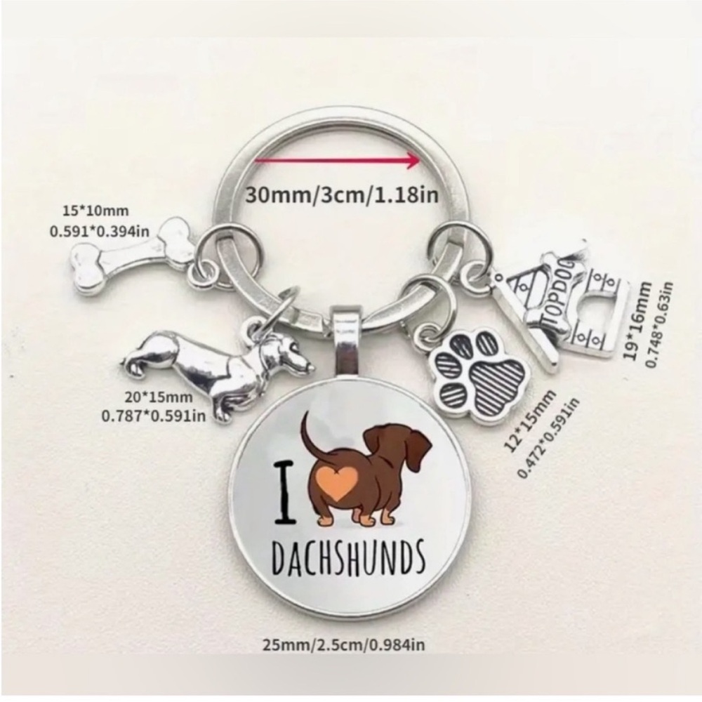 Silver Dachshund Keychain with Charms -  I Love Dachshunds